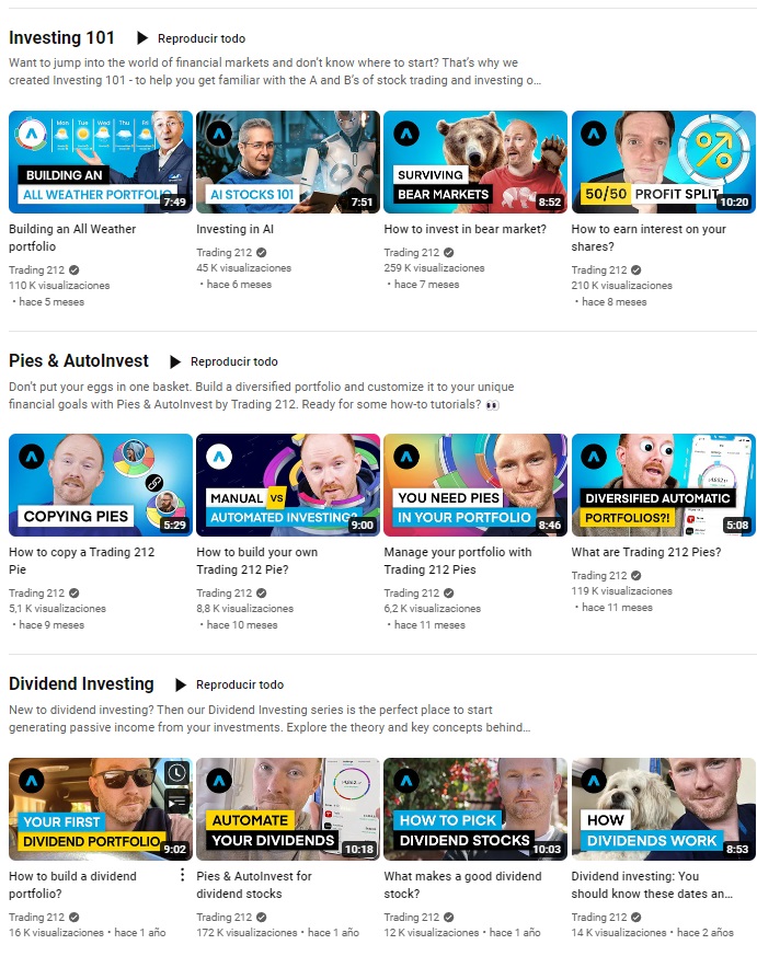 YouTube channel with educational content of Trading212