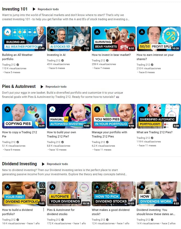 YouTube channel with educational content of Trading212